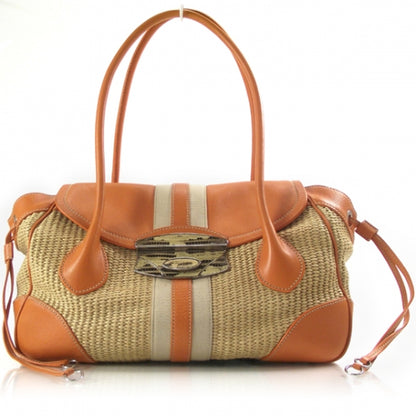 Prada Straw Leather Antic Easy Foldover Pushlock Satchel Orange 1 of 11