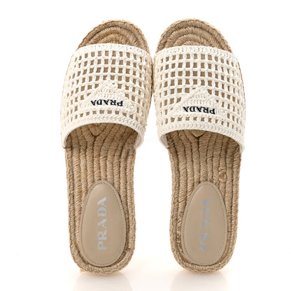 Prada Raffia Triangle Logo Crochet 20mm Espadrille Sandals 39 White Black 2 of 8