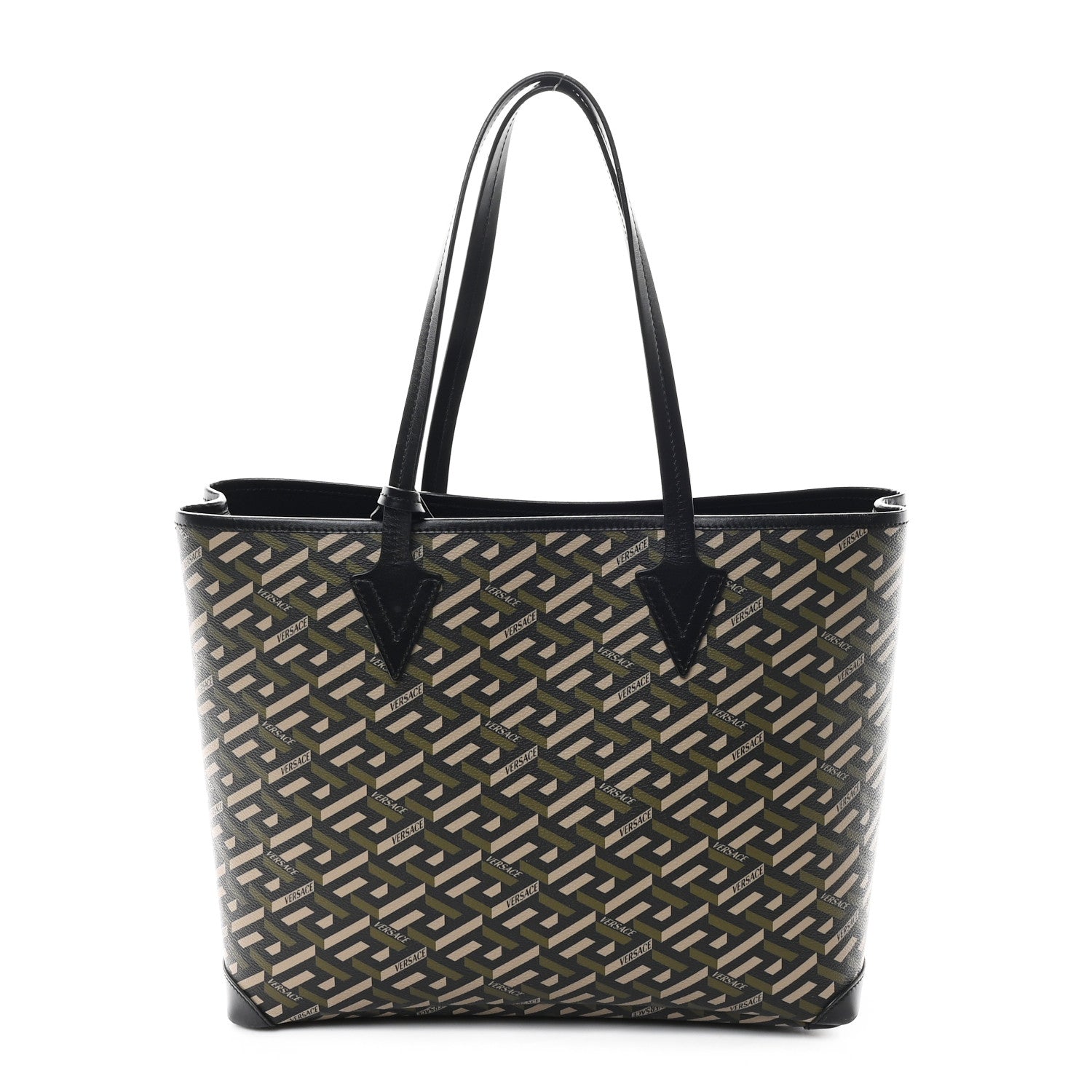 Versace Canvas Calfskin Monogram La Greca Medusa Tote Black Khaki 1 of 12