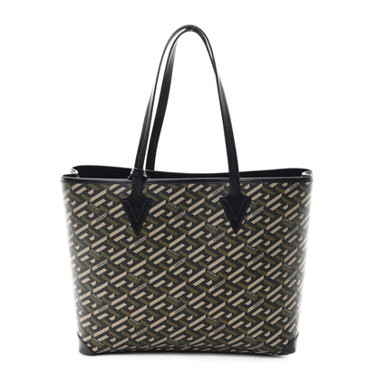Versace Canvas Calfskin Monogram La Greca Medusa Tote Black Khaki 1 of 12