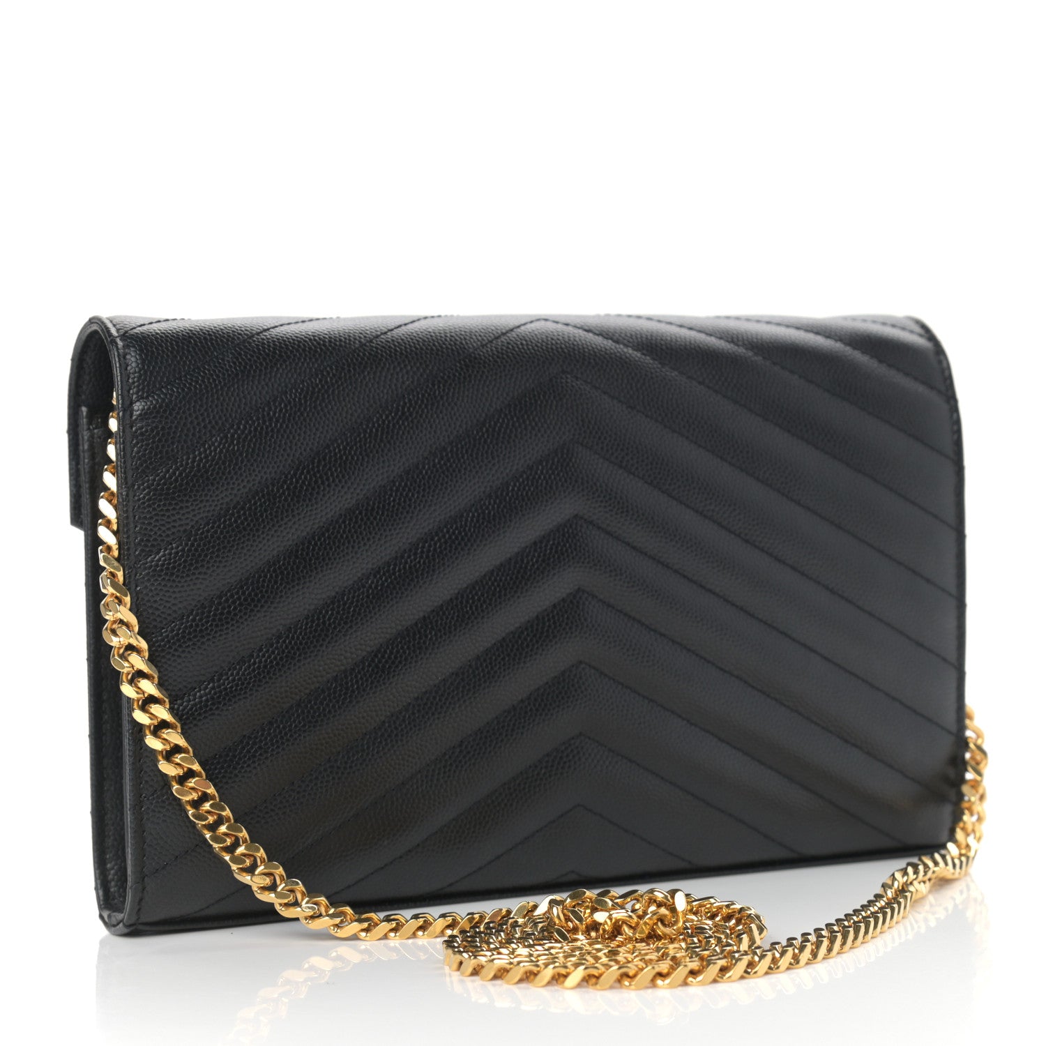 Saint Laurent Grain De Poudre Matelasse Chevron Monogram Chain Wallet Black 2 of 10