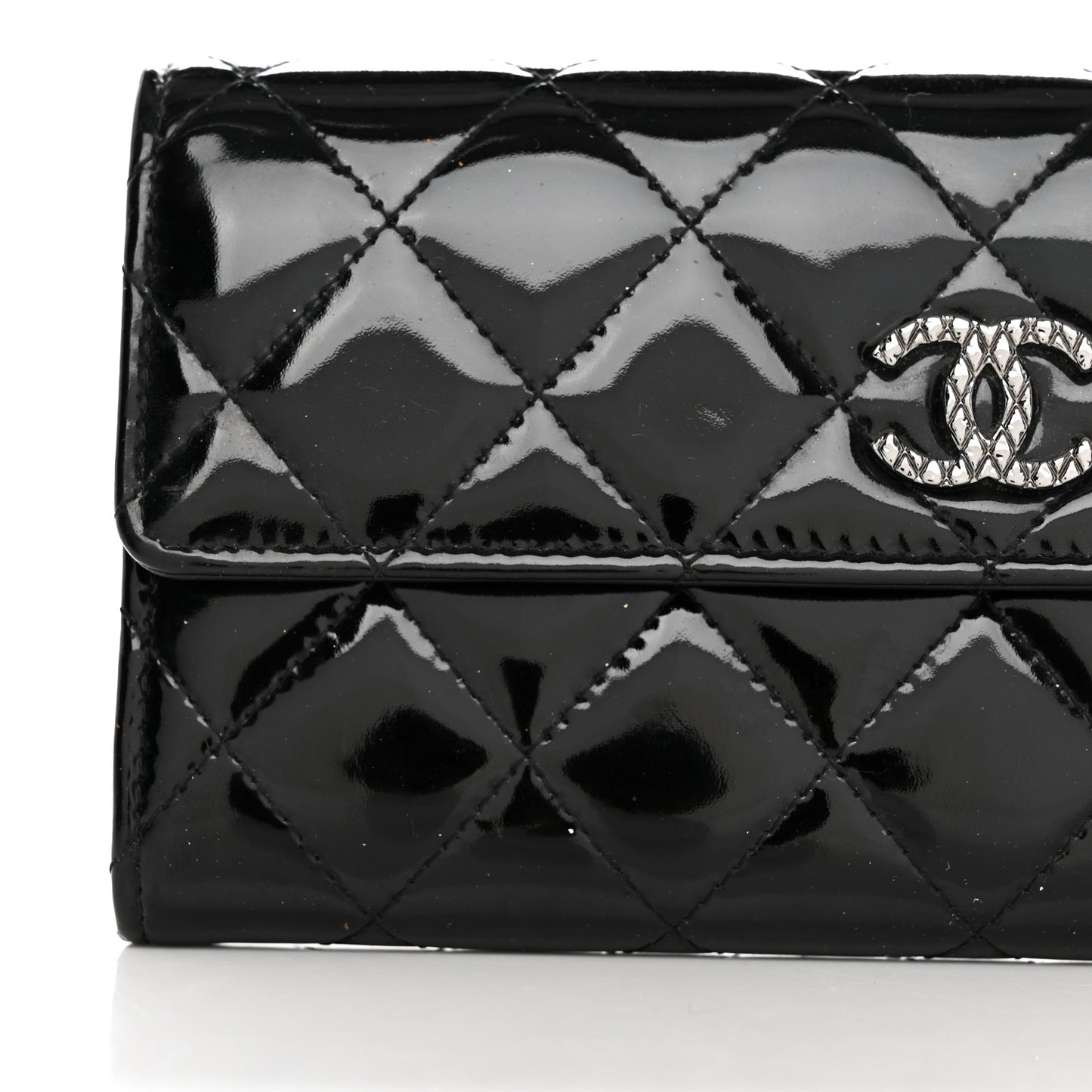 Patent Quilted Large Brilliant Flap Wallet Black
