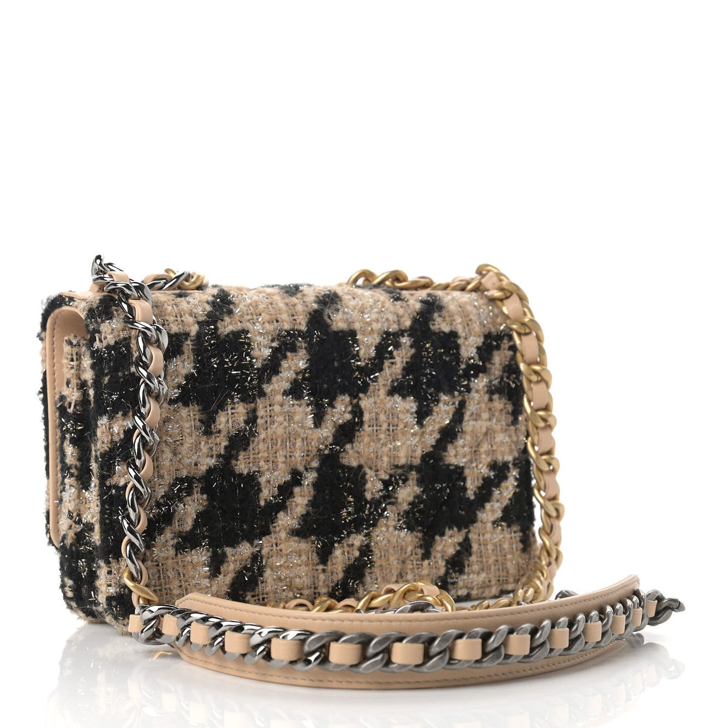 Wool Tweed Lambskin Quilted Chanel 19 Wallet On Chain WOC and Coin Purse Beige Black
