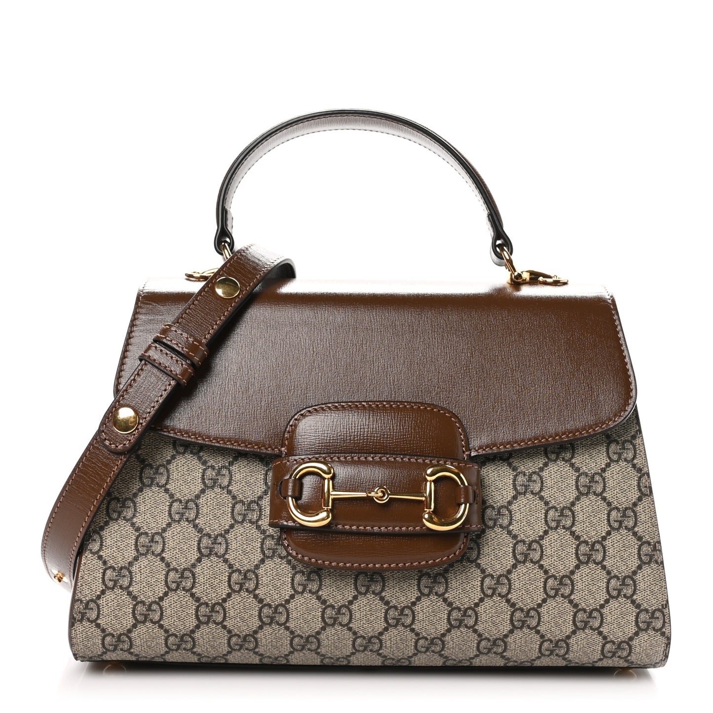 GG Supreme Monogram Calfskin Medium Horsebit 1955 Top Handle Bag Beige Ebony Brown Sugar