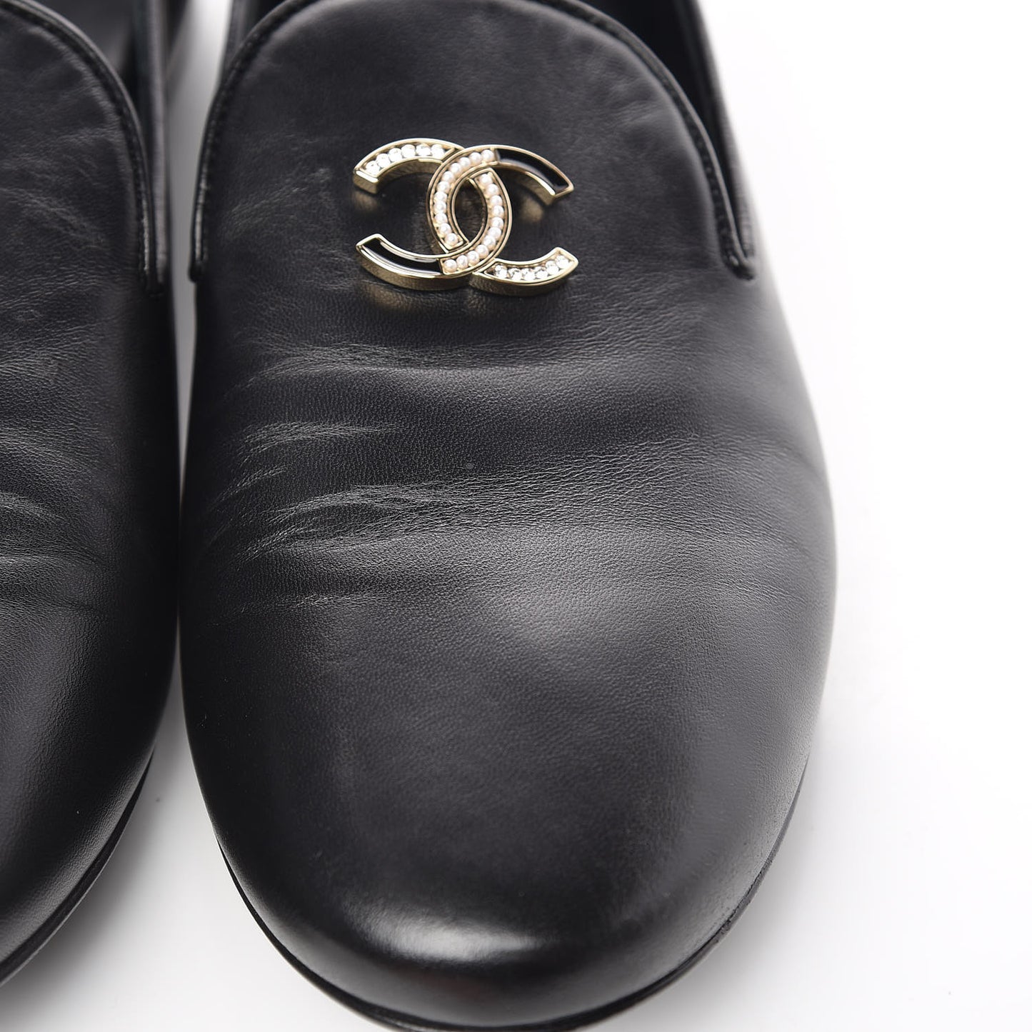 Enamel Pearl Crystal Lambskin Womens CC Mocassin Loafers 42 Black