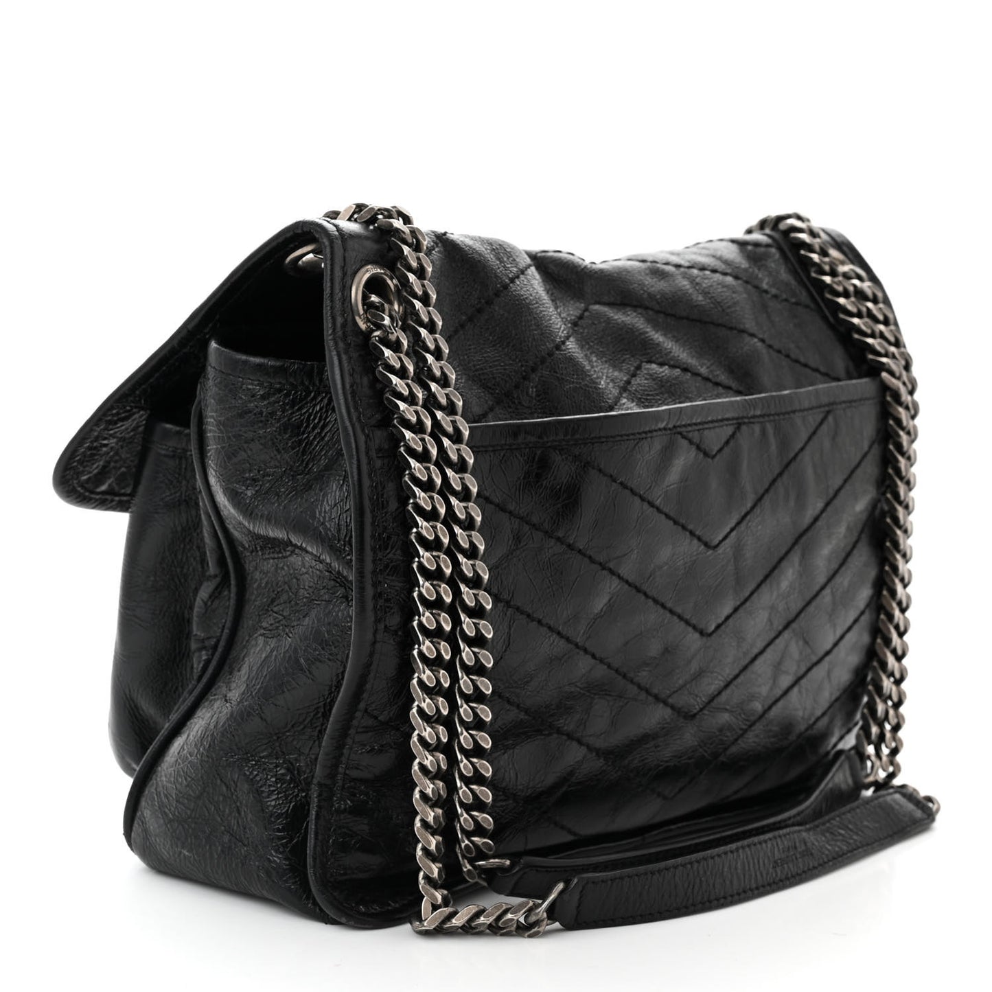 Crinkled Calfskin Matelasse Monogram Medium Niki Chain Satchel Black