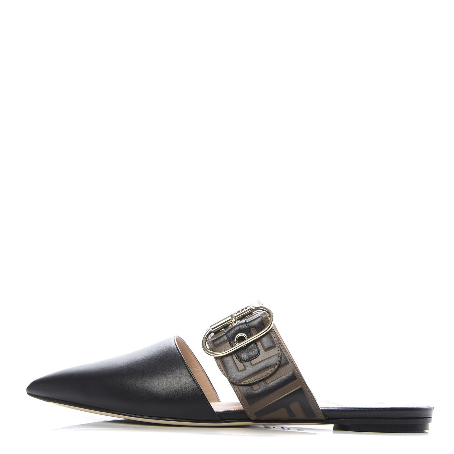 Vitello FF Embossed Buckle Flat Mules 38.5 Maya Black