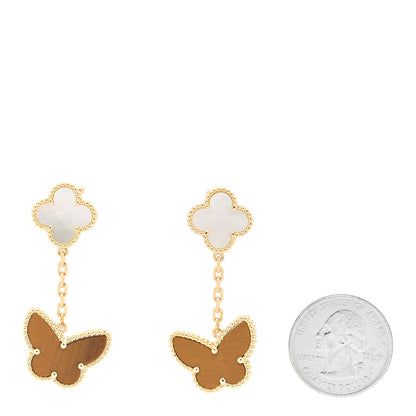 Van Cleef & Arpels 18K Yellow Gold Mother of Pearl Tiger's Eye Lucky Alhambra 2 Motifs Butterfly Earrings 2 of 6