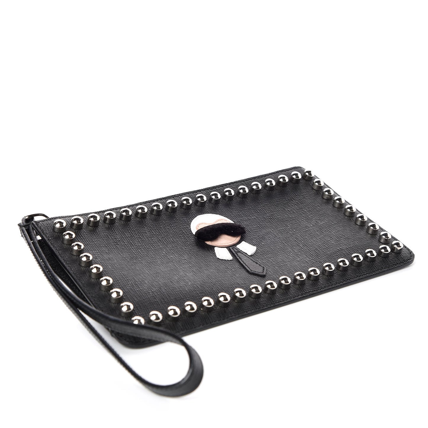 Vitello Elite Mink Fur Studded Karlito Zip Pouch Black
