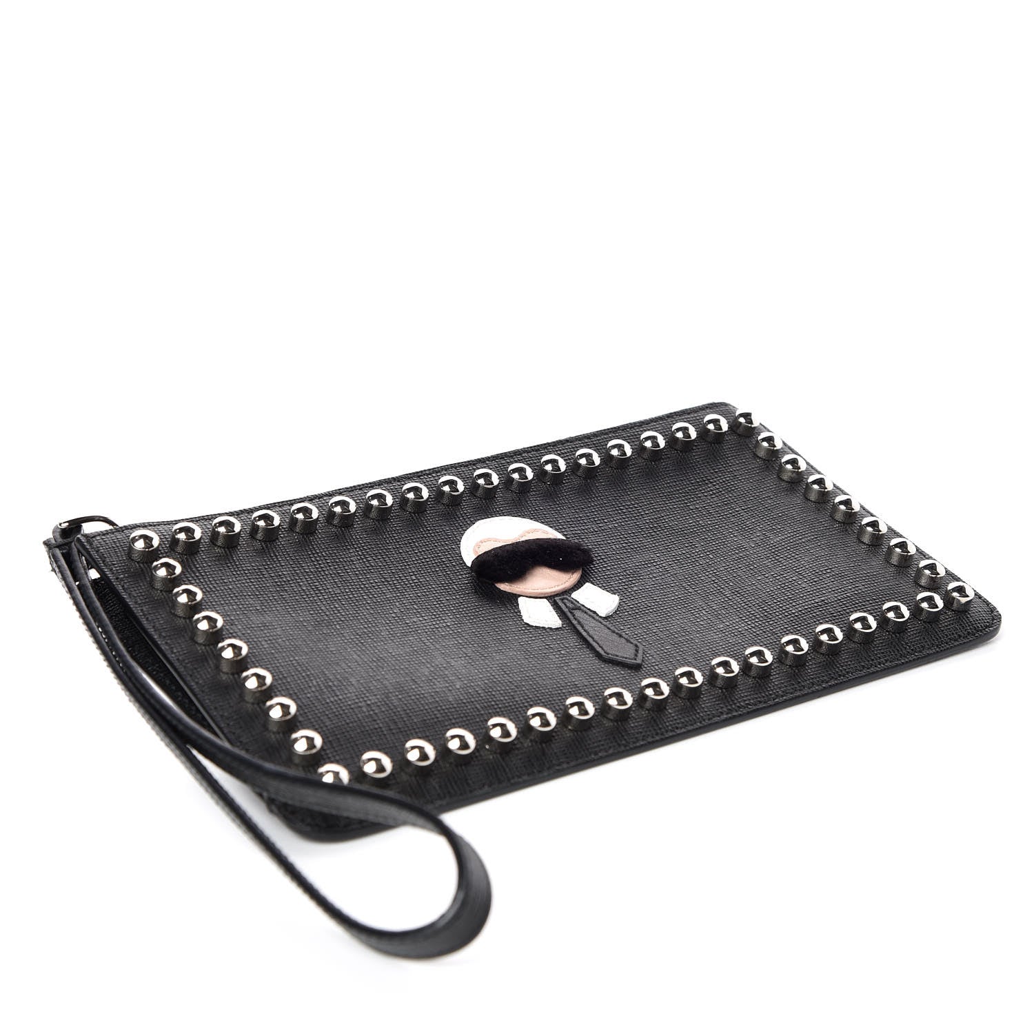 Fendi Vitello Elite Mink Fur Studded Karlito Zip Pouch Black 4 of 8