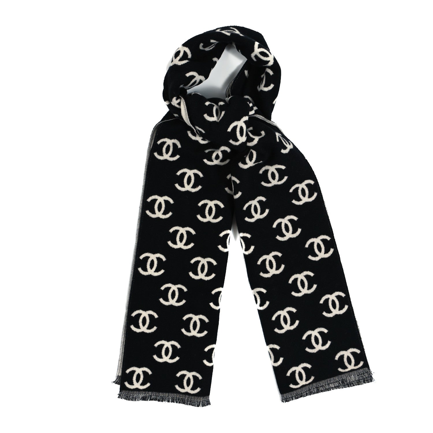 Chanel Wool Cashmere CC Scarf Black White 1 of 3