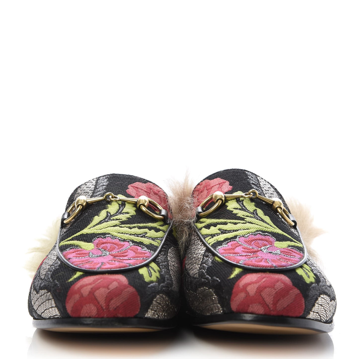 Brocade Fur Floral Womens Princetown Slippers 35 Black Anthracite