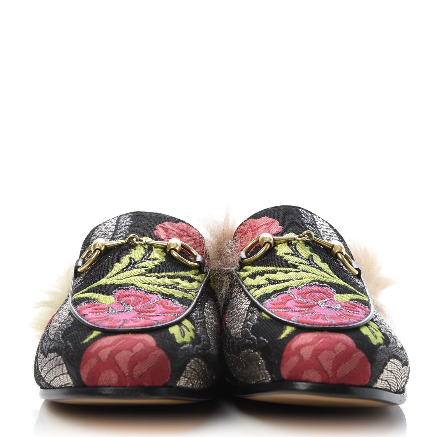 Gucci Brocade Fur Floral Womens Princetown Slippers 35 Black Anthracite 2 of 10