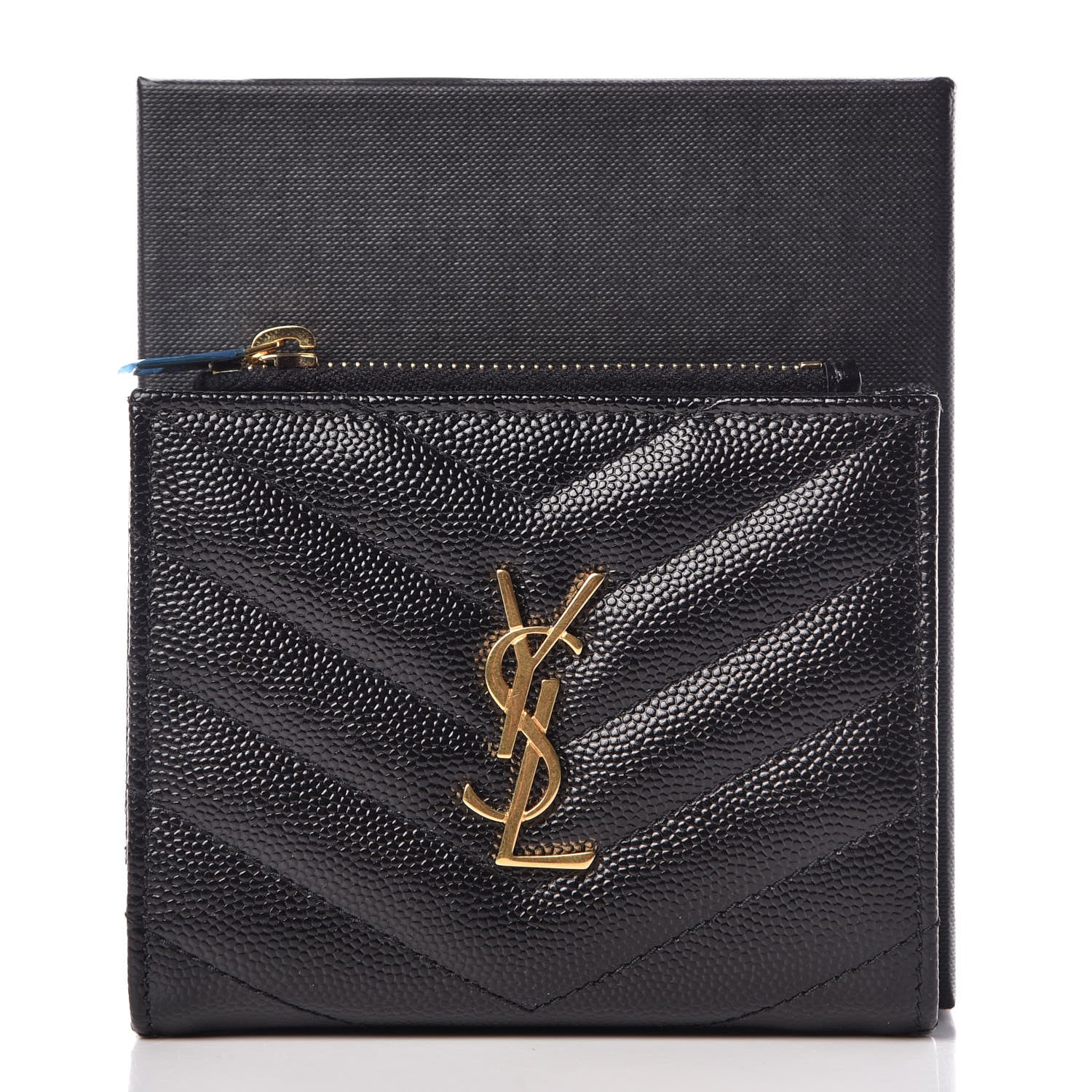 Saint Laurent Grain De Poudre Matelasse Chevron Monogram Zipped Card Case Black 8 of 8