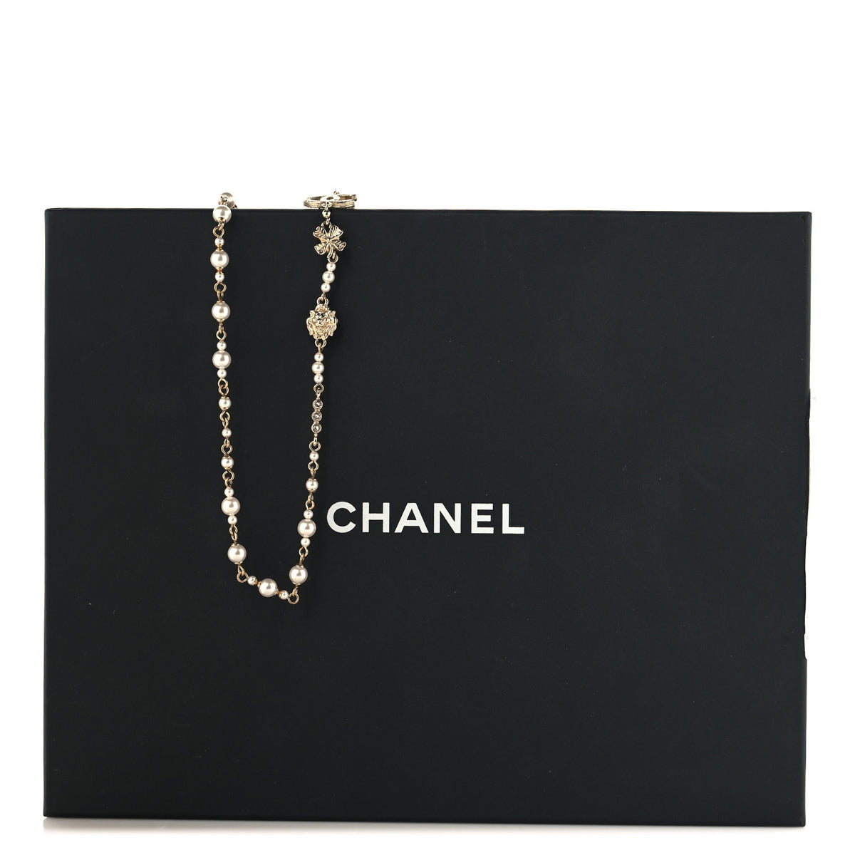 Pearl Crystal Graduated CC No.5 Perfume Bottle Flower Long Necklace Gold White