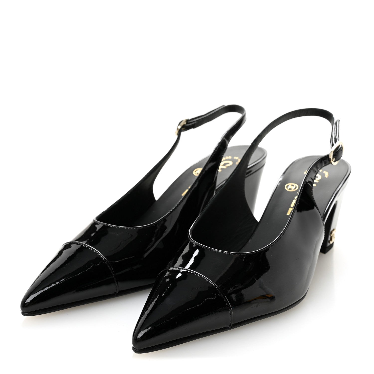 Chanel Patent Calfskin Cap Toe CC Slingback Pumps 36.5 Black