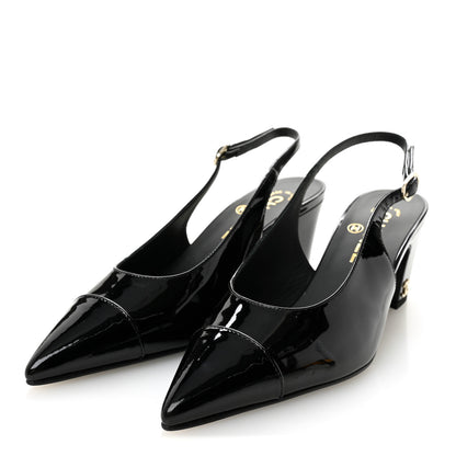 Chanel Patent Calfskin Cap Toe CC Slingback Pumps 36.5 Black 4 of 10