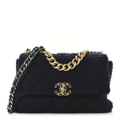 Chanel Tweed Quilted Large Chanel 19 Flap Navy Blue 1 of 10
