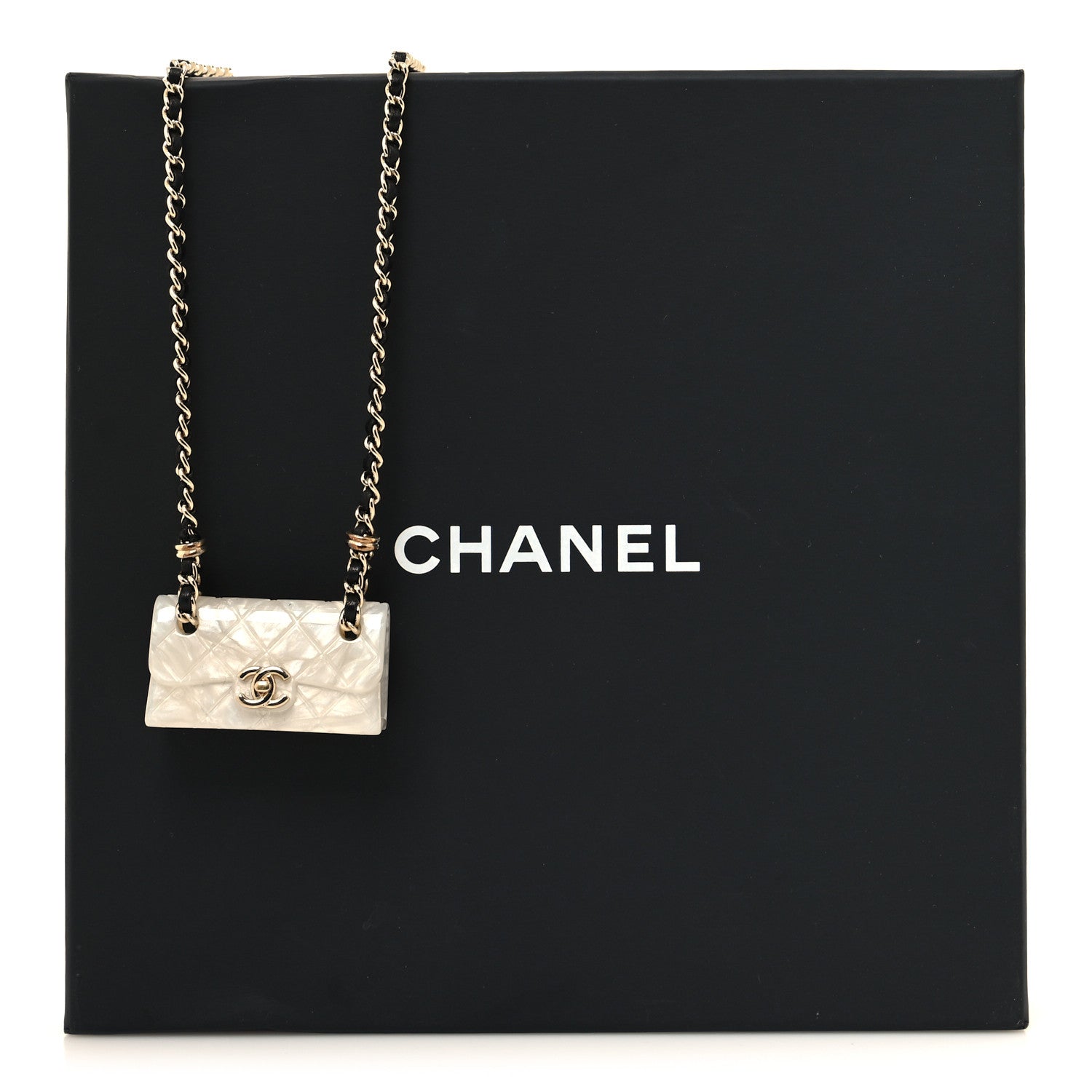 Chanel Metal Resin Calfskin Quilted CC Turnlock Chain Bag Necklace Gold White 5 of 5