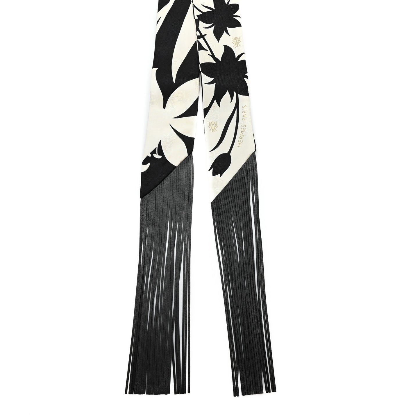 Silk Calfskin Bouquet Final Fringed Twilly Creme Black