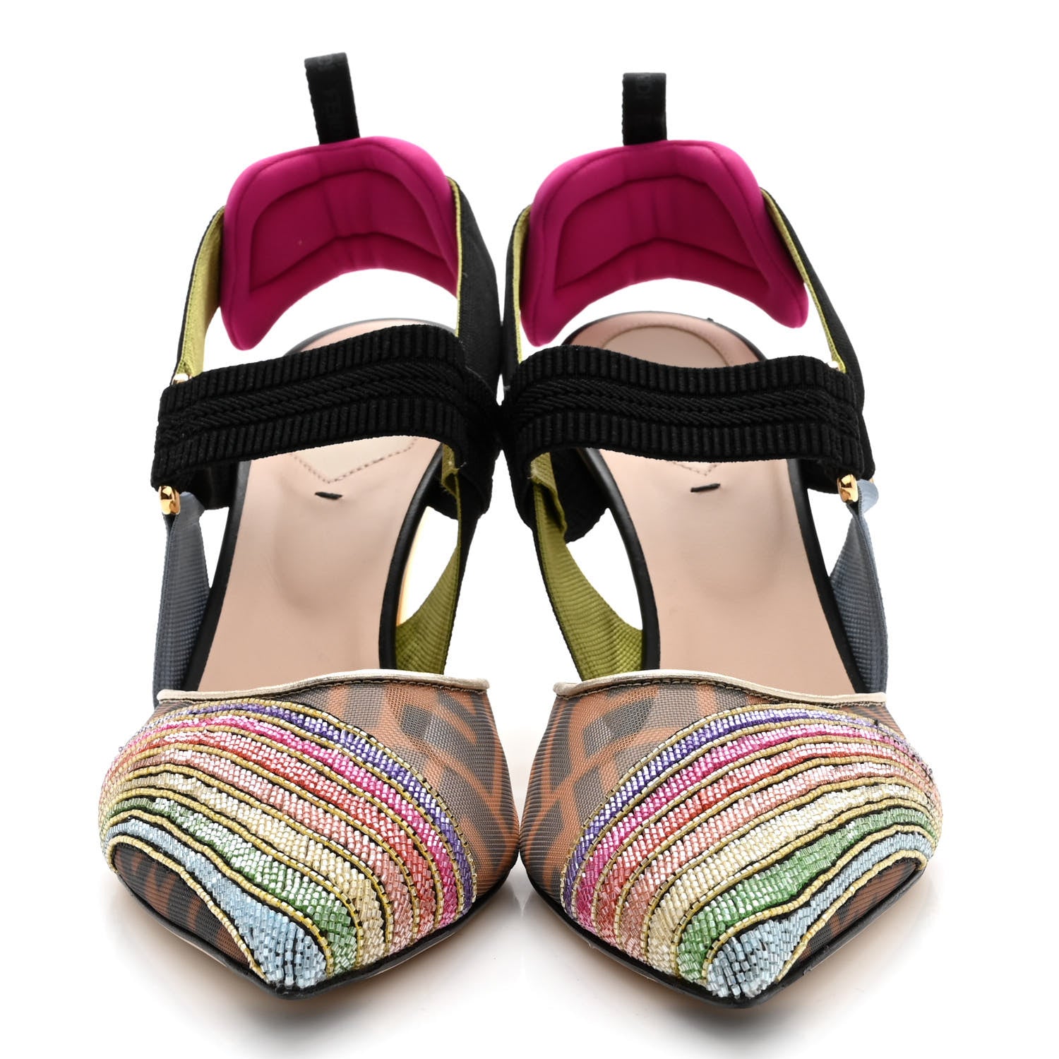 Fendi Technical Mesh FF Rainbow Beaded Colibri 85mm Slingback Pumps 39 Tobacco Black Multicolor 2 of 11