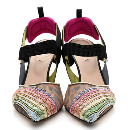 Fendi Technical Mesh FF Rainbow Beaded Colibri 85mm Slingback Pumps 39 Tobacco Black Multicolor 2 of 11