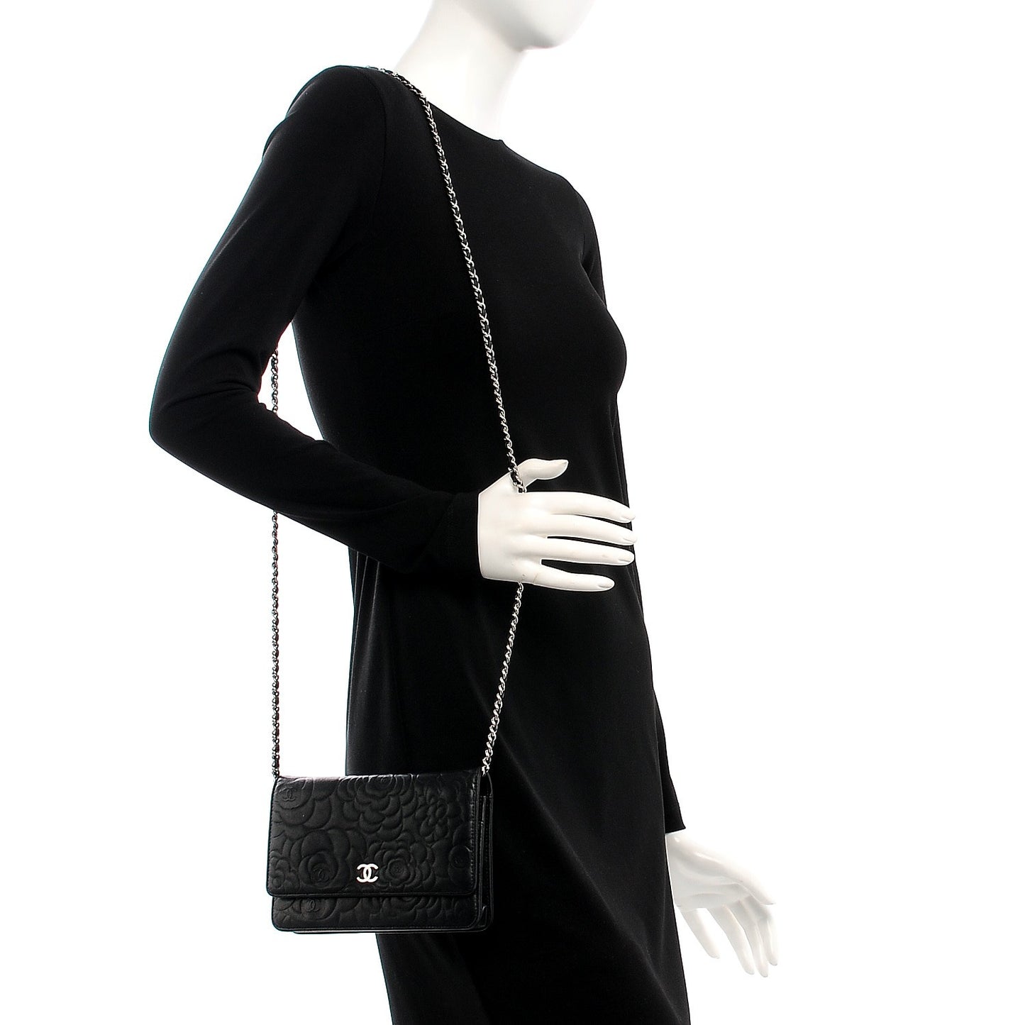 Lambskin Camellia Embossed Wallet On Chain WOC Black