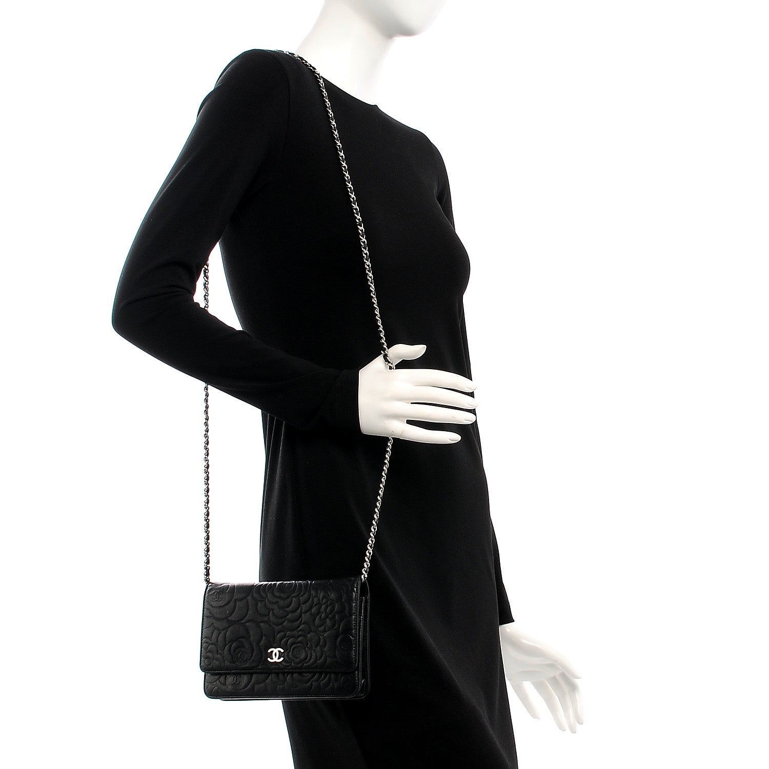 Chanel Lambskin Camellia Embossed Wallet On Chain WOC Black 2 of 10