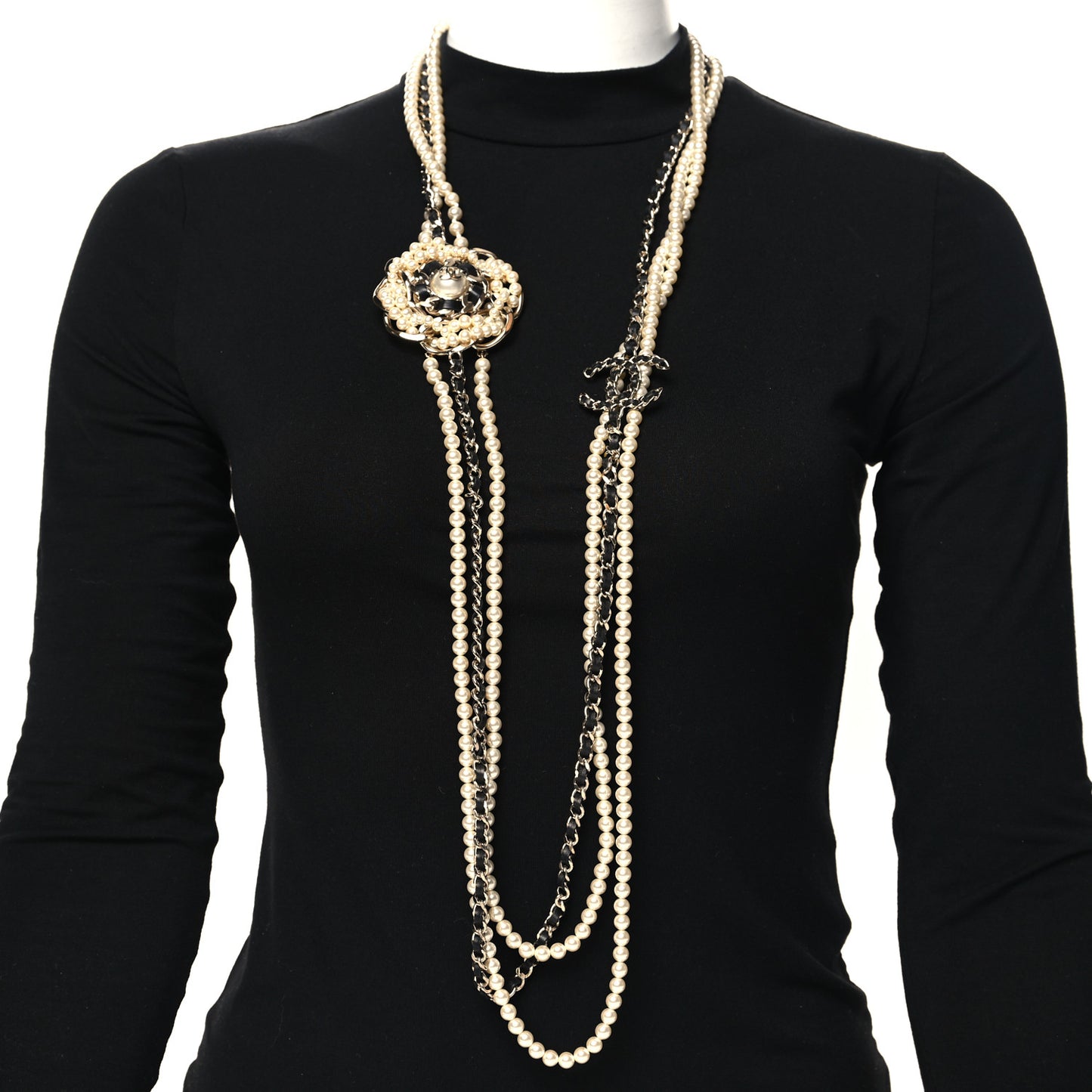 Pearl Lambskin CC Camellia Multi Strand Necklace Black Gold