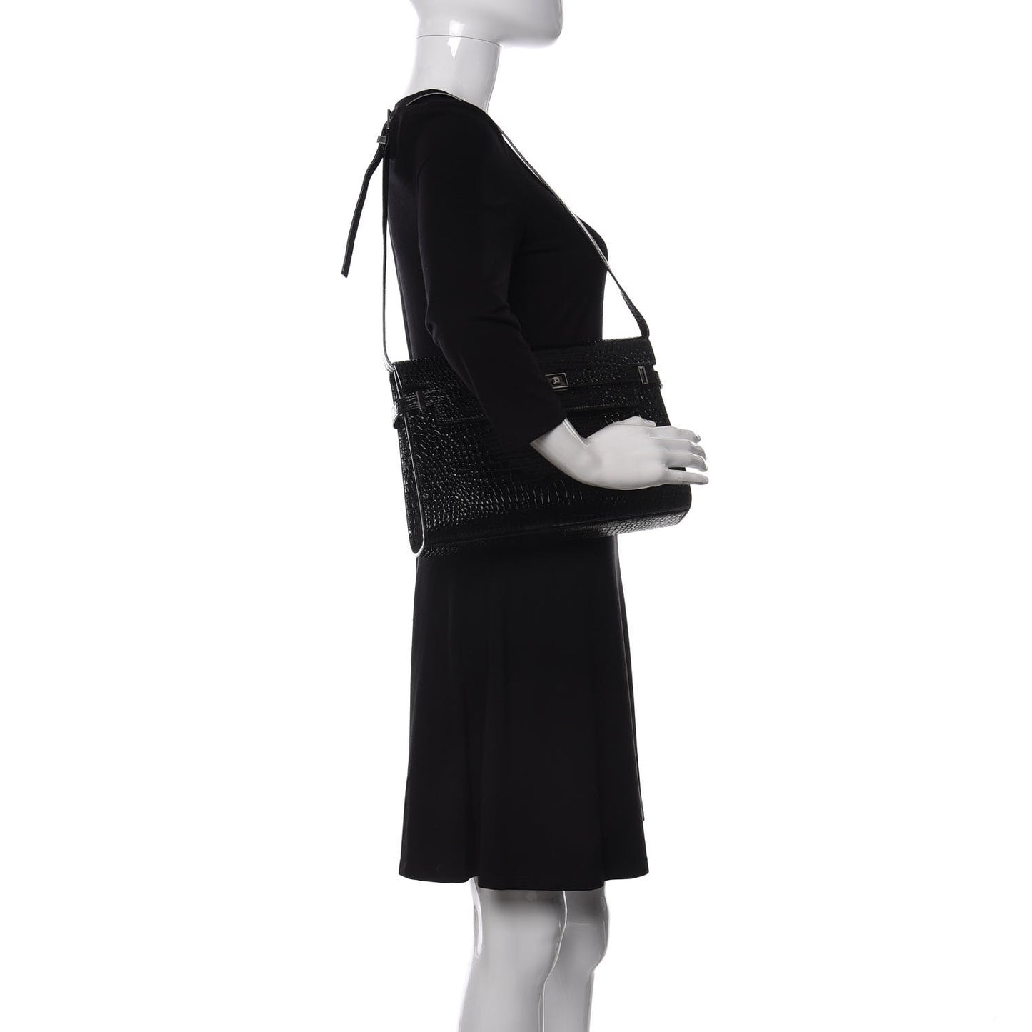 Shiny Calfskin Crocodile Embossed Manhattan Baguette Black