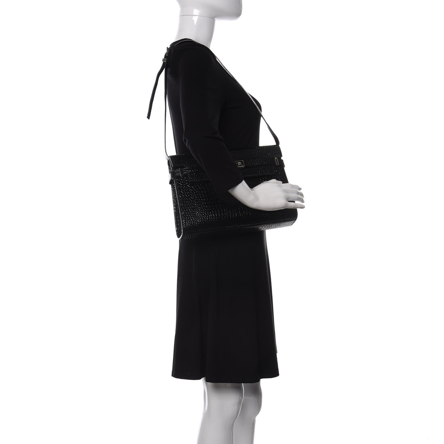 Saint Laurent Shiny Calfskin Crocodile Embossed Manhattan Baguette Black 2 of 9