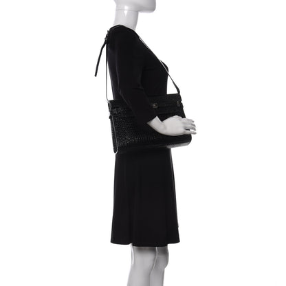 Saint Laurent Shiny Calfskin Crocodile Embossed Manhattan Baguette Black 2 of 9