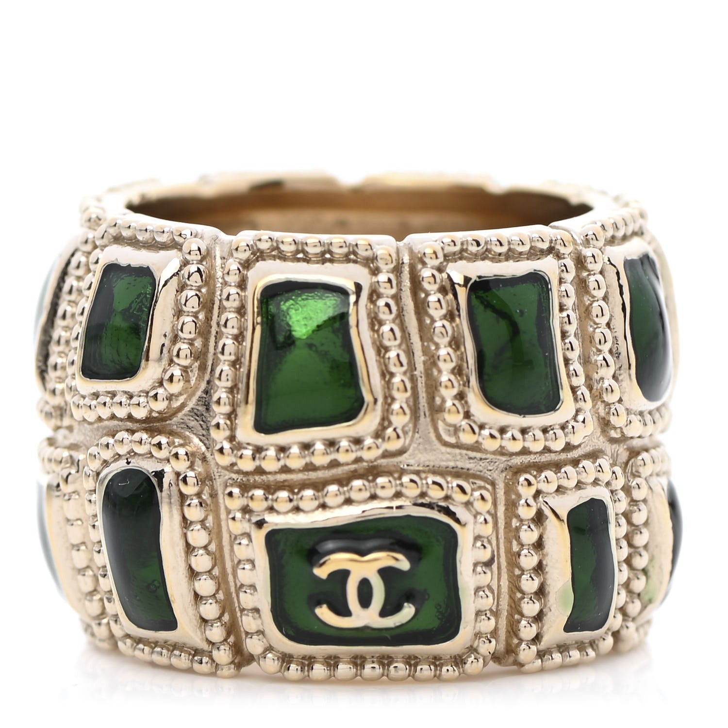Chanel Poured Glass CC Ring 6.75 Green Gold 1 of 5