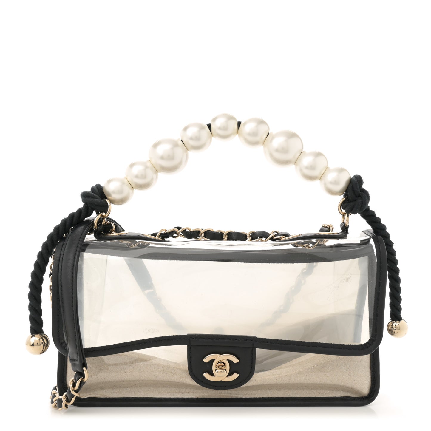 Lambskin PVC Sand By The Sea Flap With Pearl Strap Black