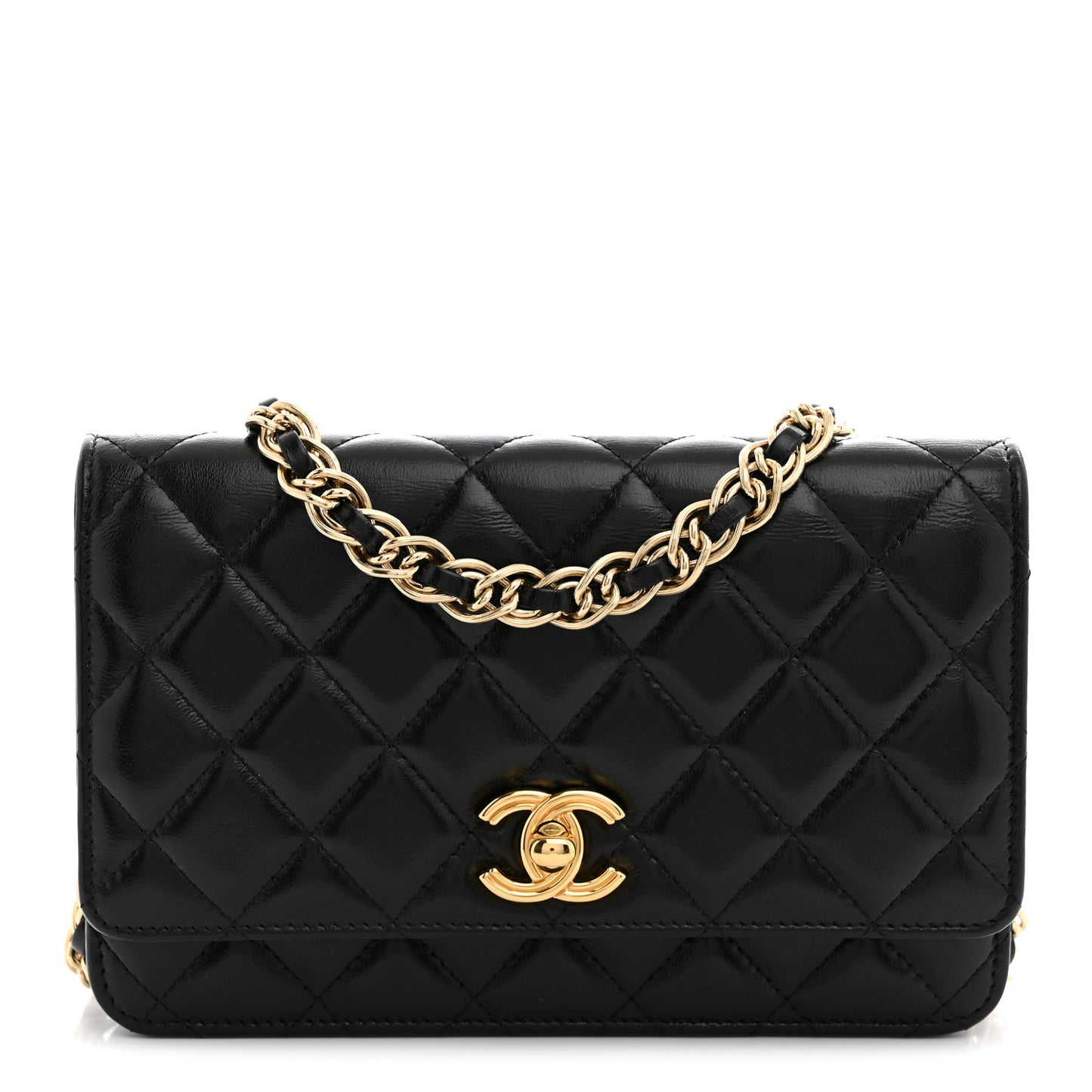Shiny Lambskin Quilted Golden Links Wallet On Chain WOC Black