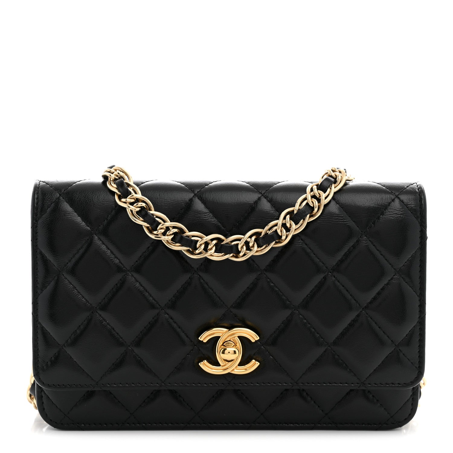 Chanel Shiny Lambskin Quilted Golden Links Wallet On Chain WOC Black 1 of 10