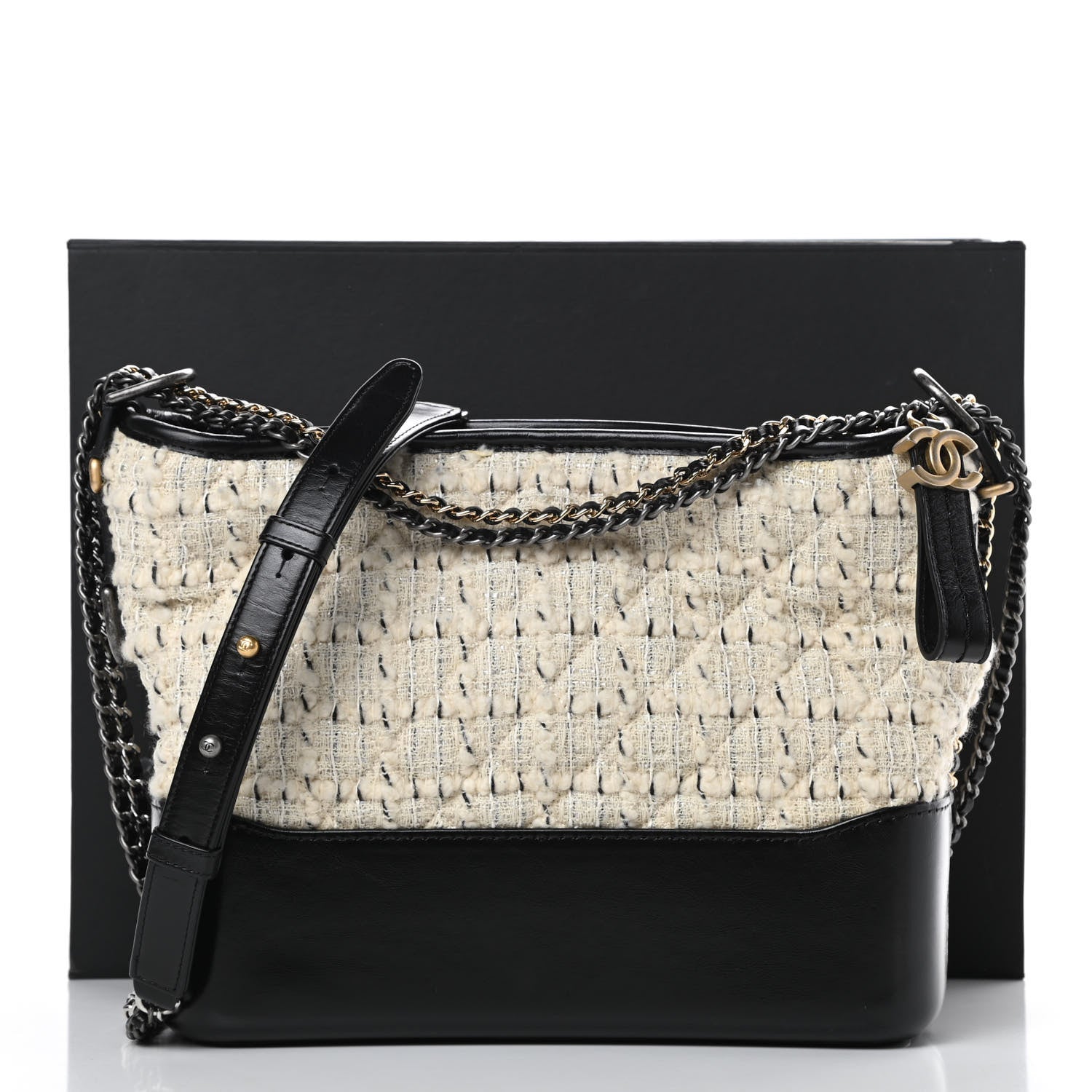 Chanel Tweed Calfskin Quilted Medium Gabrielle Hobo Ivory Black 13 of 13