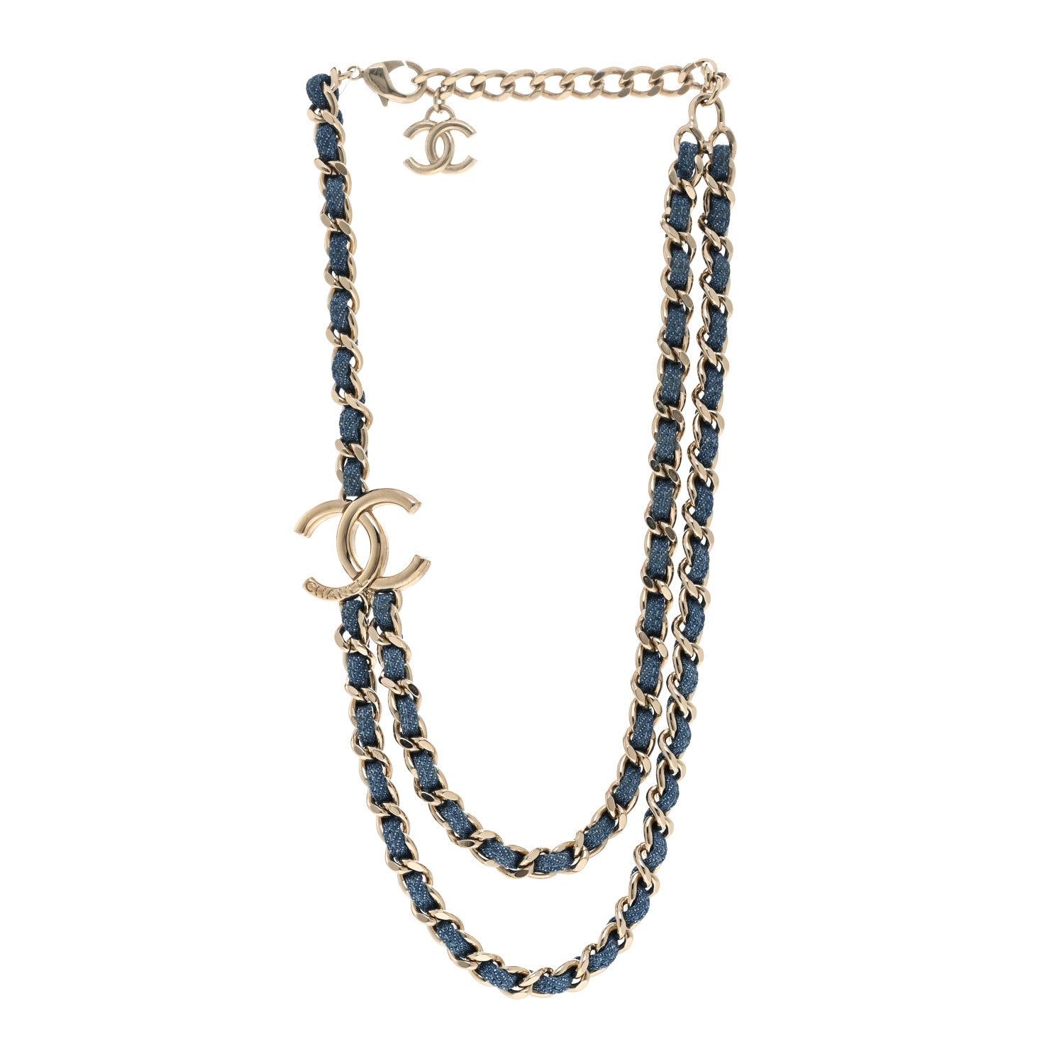 Chanel Metal Denim CC Double Chain Necklace Blue Gold 3 of 6