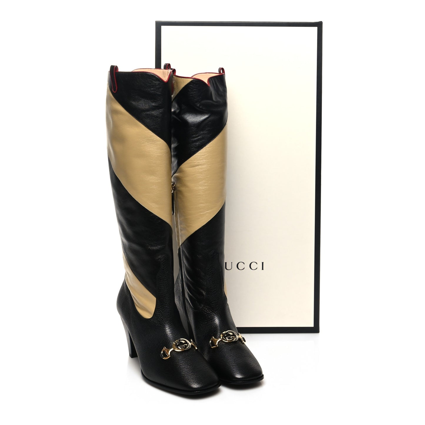 Calfskin Wrinkled Kid Diagonal Striped Zumi Knee Boots 41 Black Beige Romantic Cherry