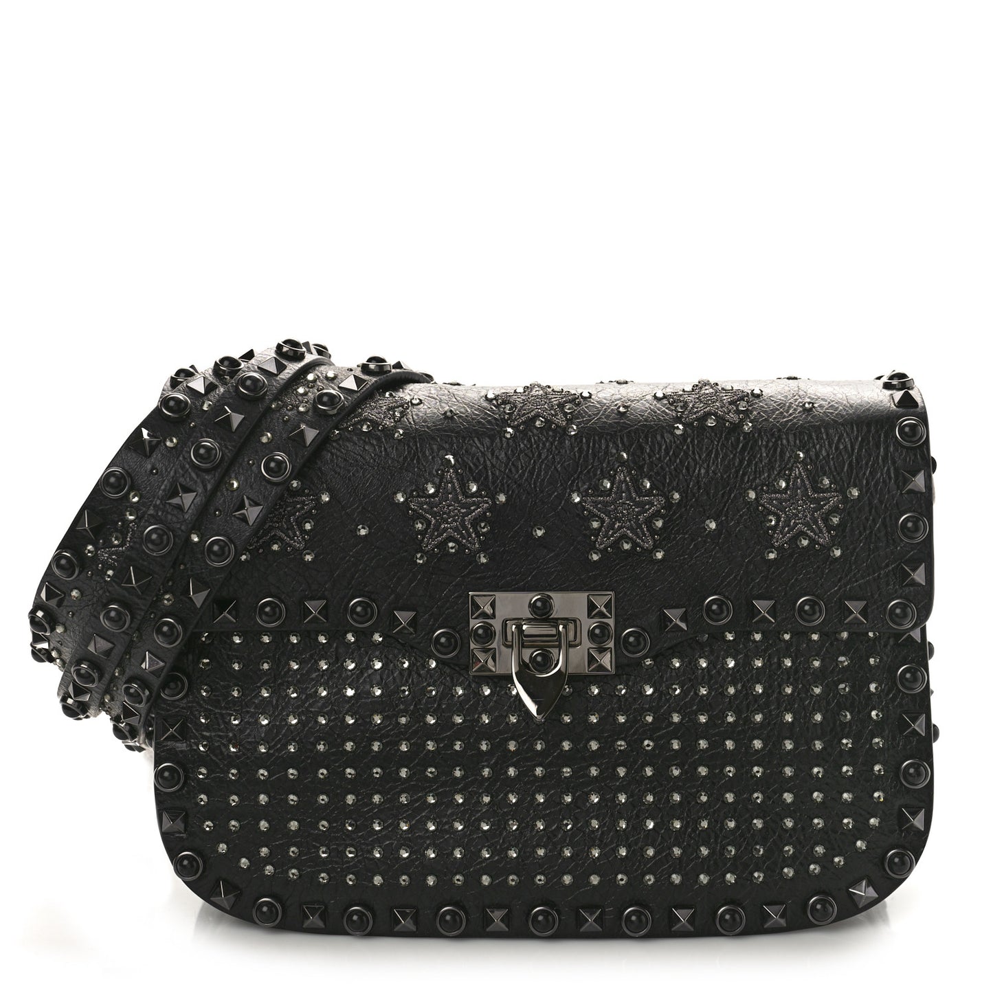 Pebbled Calfskin Crystal Embroidered Star Medium Rockstud Rolling Flap Saddle Bag Black