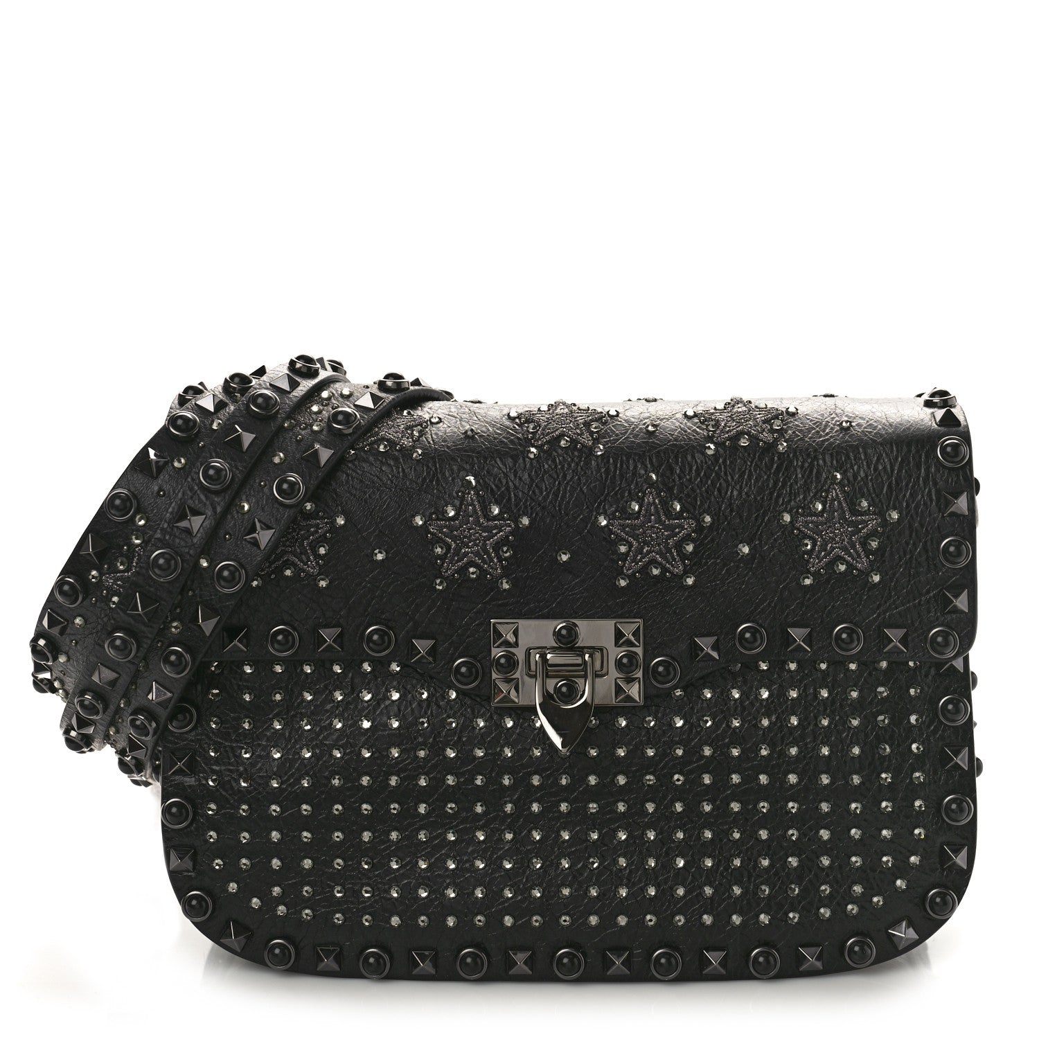 Valentino Garavani Pebbled Calfskin Crystal Embroidered Star Medium Rockstud Rolling Flap Saddle Bag Black 1 of 8