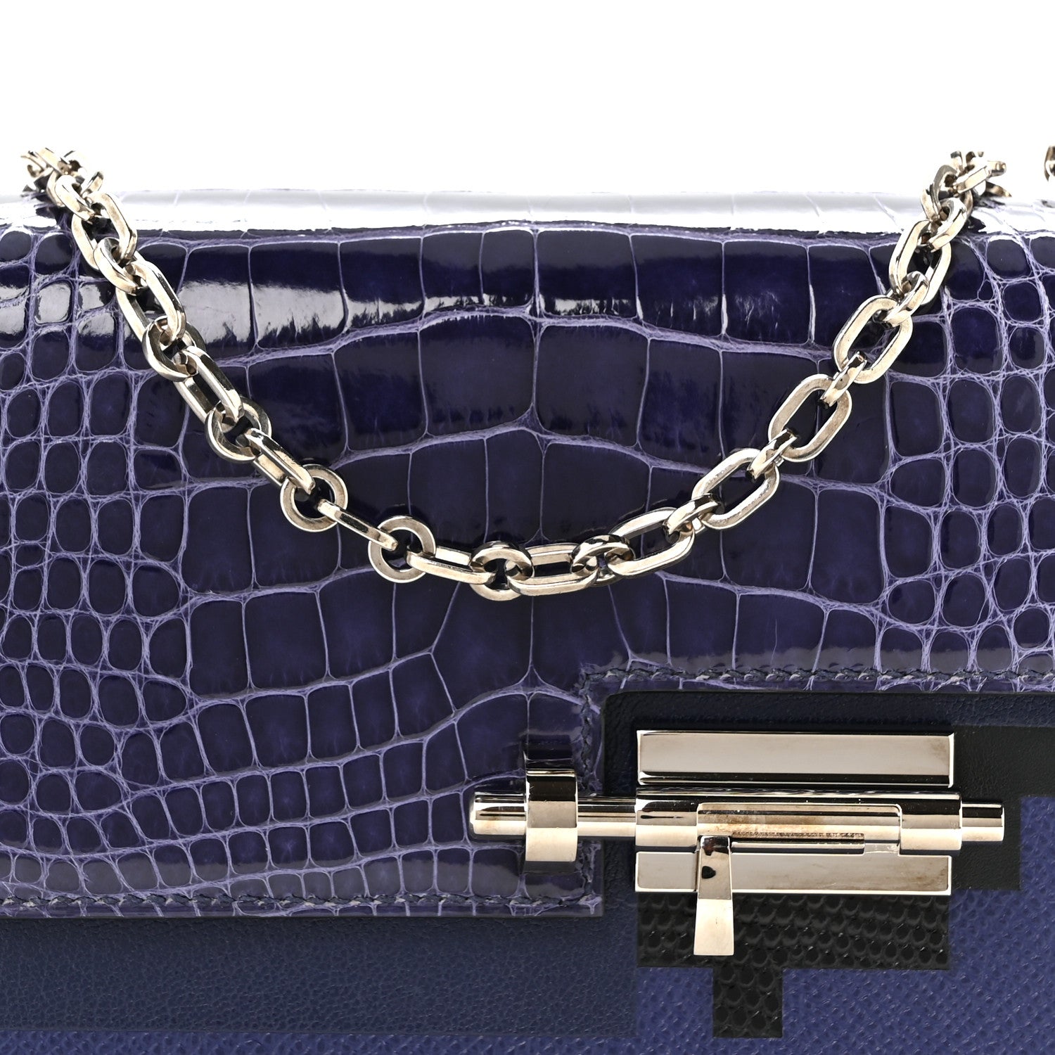 Hermes Epsom Shiny Alligator Mini Verrou Chaine Bag Bleu Encre Black 8 of 10