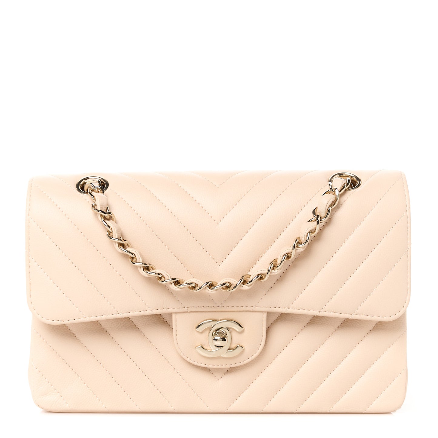 Caviar Chevron Quilted Small Double Flap Beige