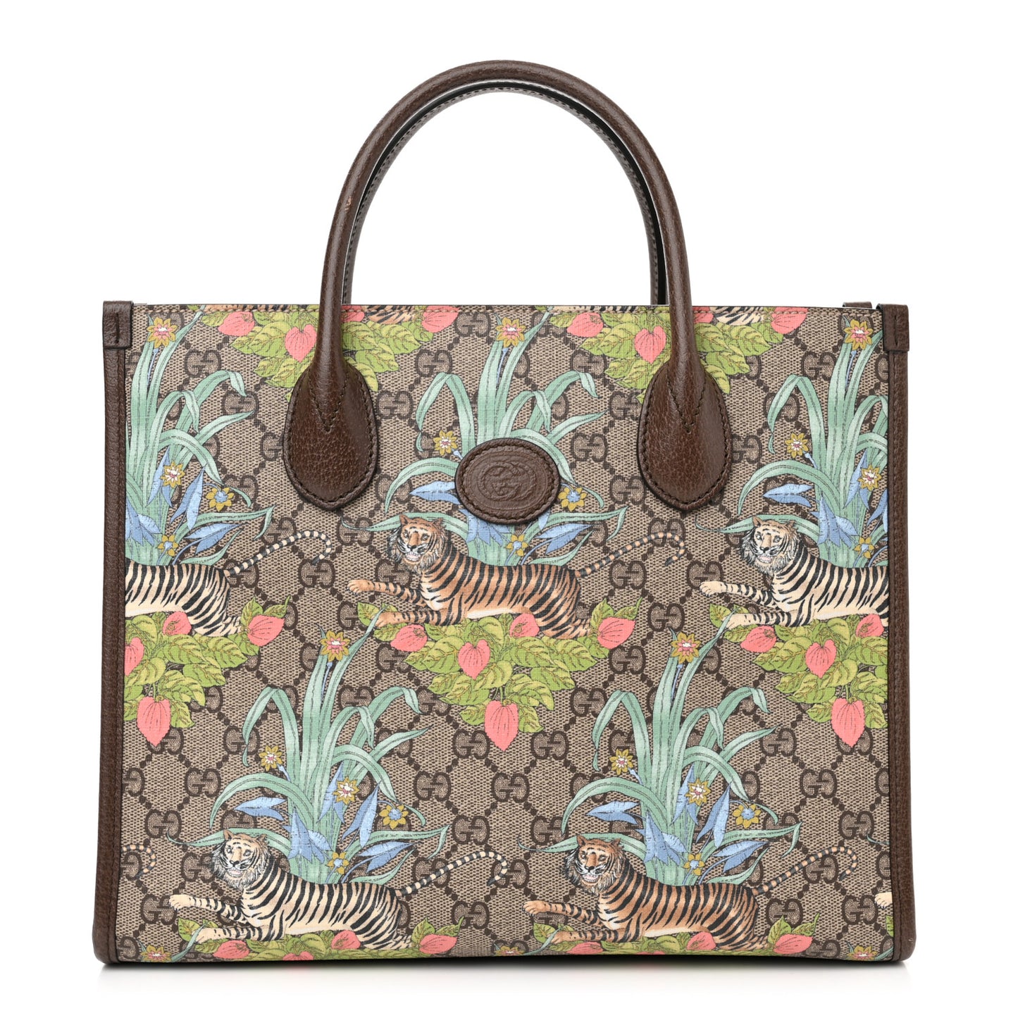 GG Supreme Monogram Tiger Savanah Textured Dollar Calfskin Small Retro Interlocking G Tote Bag Beige Ebony Multicolor New Acero