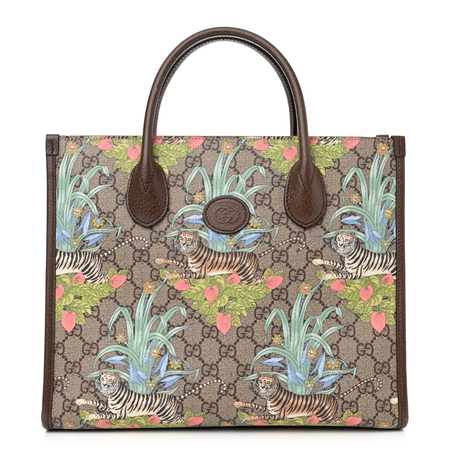 Gucci GG Supreme Monogram Tiger Savanah Textured Dollar Calfskin Small Retro Interlocking G Tote Bag Beige Ebony Multicolor New Acero 1 of 14