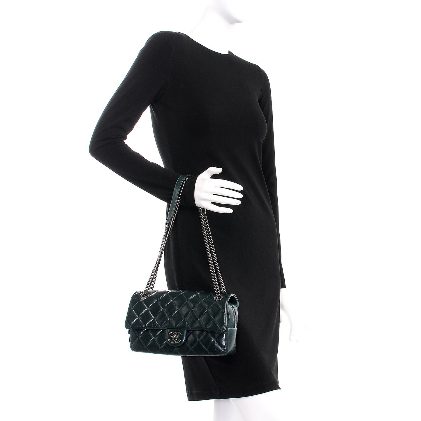 Glazed Calfskin Quilted Medium Duo Color Flap Dark Green