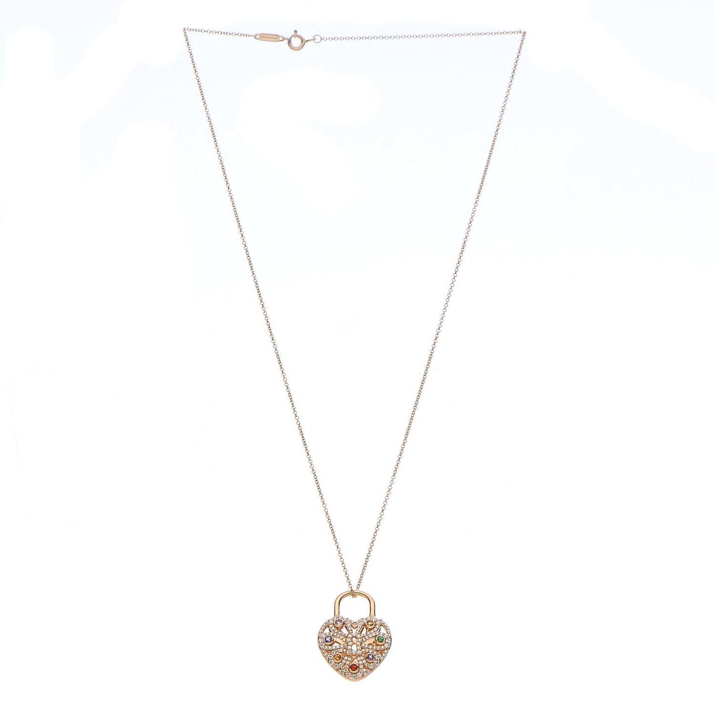 18K Rose Gold Diamond Multistone Filigree Heart Pendant Necklace
