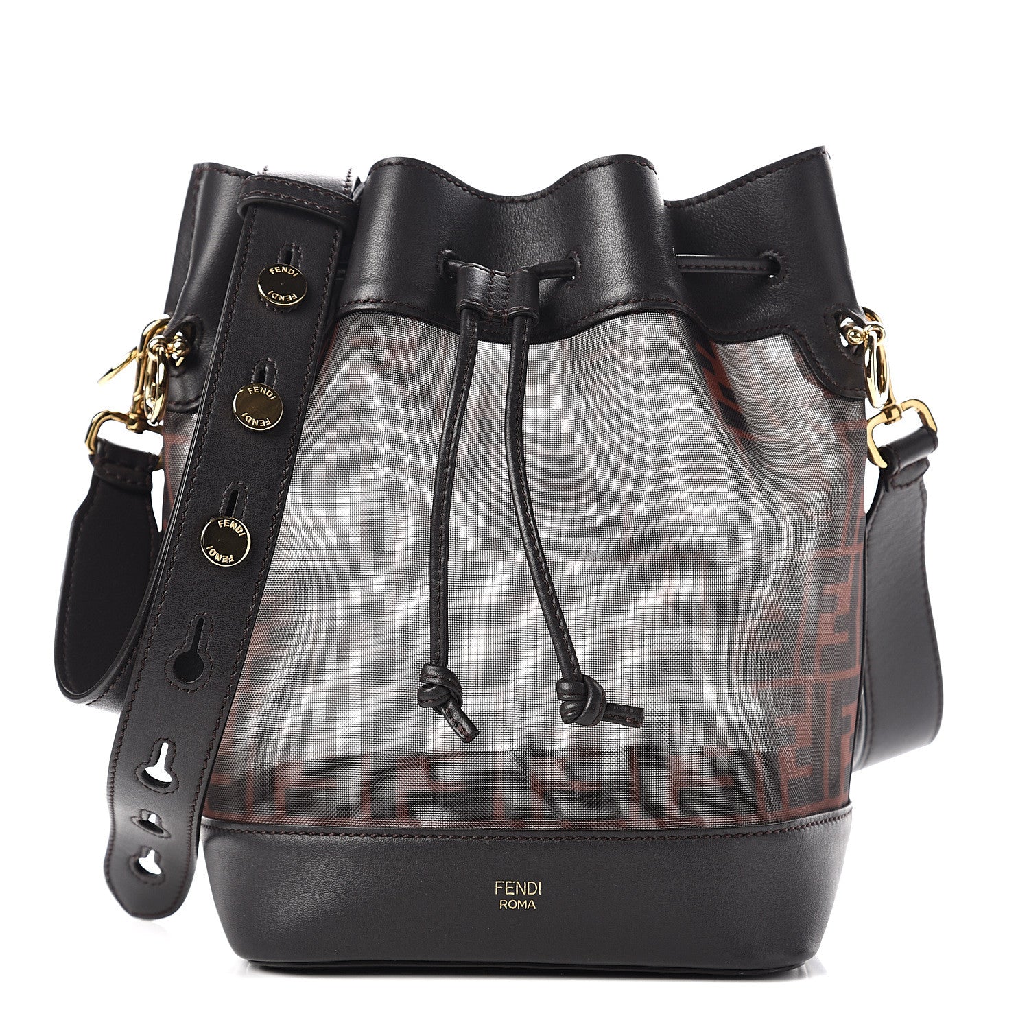 Fendi Mesh Vitello Grace F is Fendi FF 1974 Grande Mon Tresor Bucket Bag Marrone Black Ebano 1 of 10