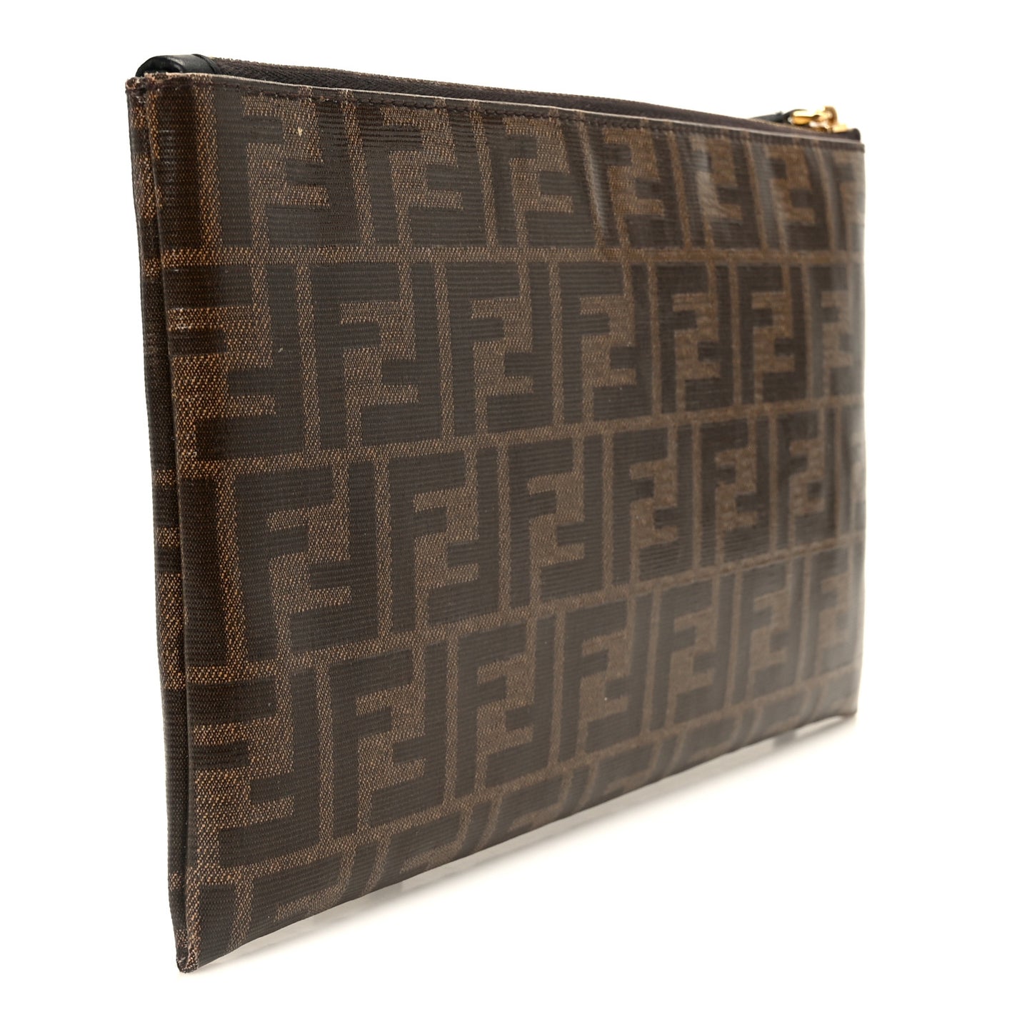 Glazed Fabric Vitello Century FF 1974 Stamp Patch Large Flat Pouch Mogano Panna Black