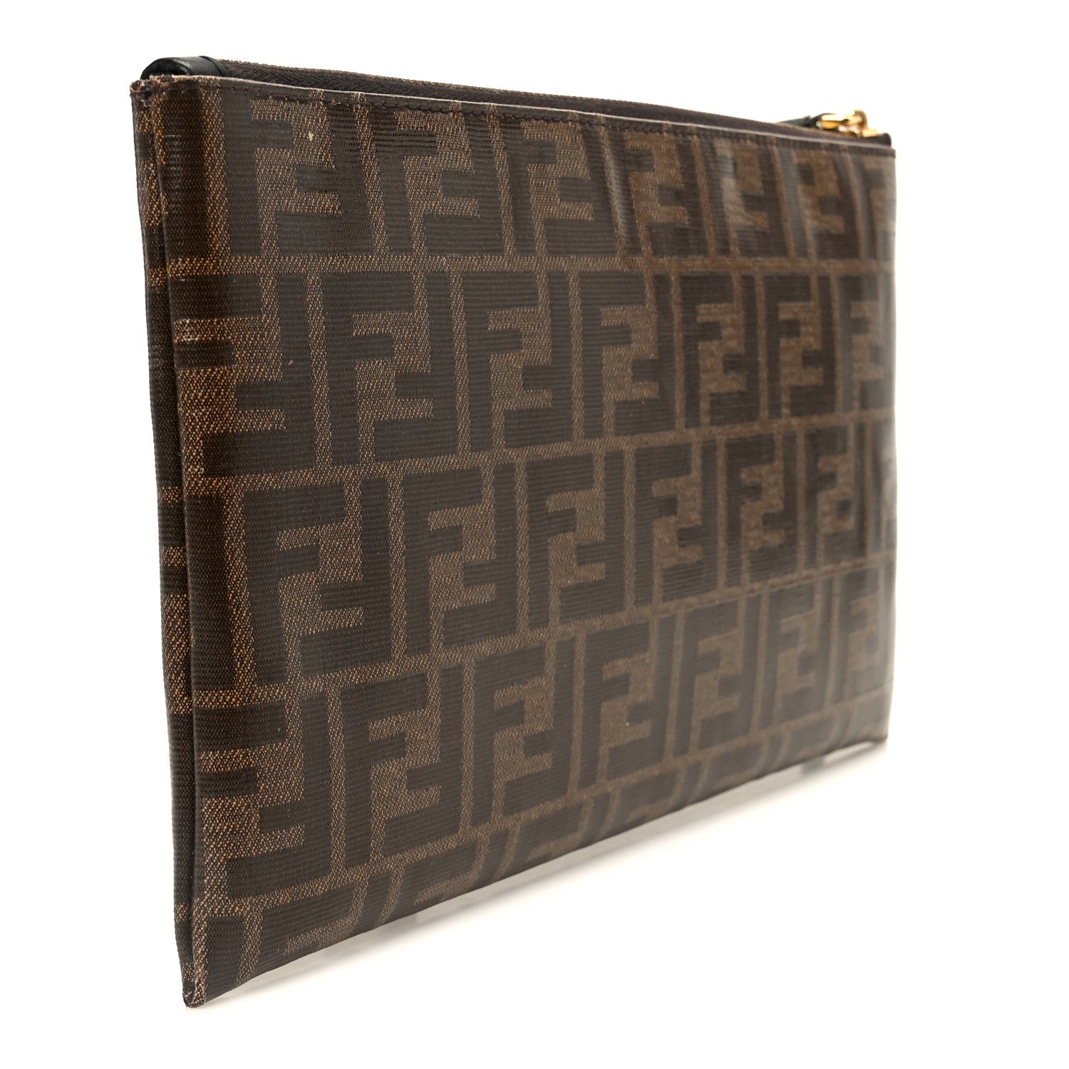 Fendi Glazed Fabric Vitello Century FF 1974 Stamp Patch Large Flat Pouch Mogano Panna Black 2 of 6